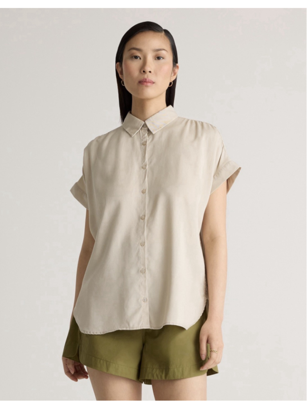 Quince Vintage Wash Tencel Camp Shirt Sleeved Top Medium Cap Sleeve Cream